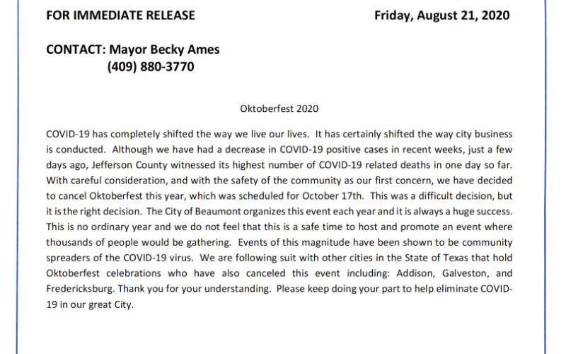 City cancels Oktoberfest due to COVID-19 concerns.