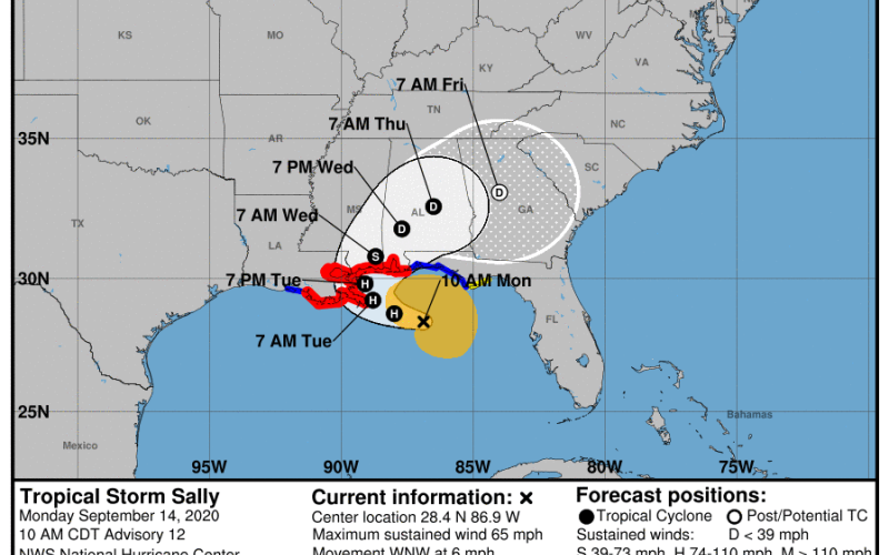 Cone image predicting Tropical Storm Sally's path. (Image from NOAA/NWS at 10 a.m. on Sept. 14)