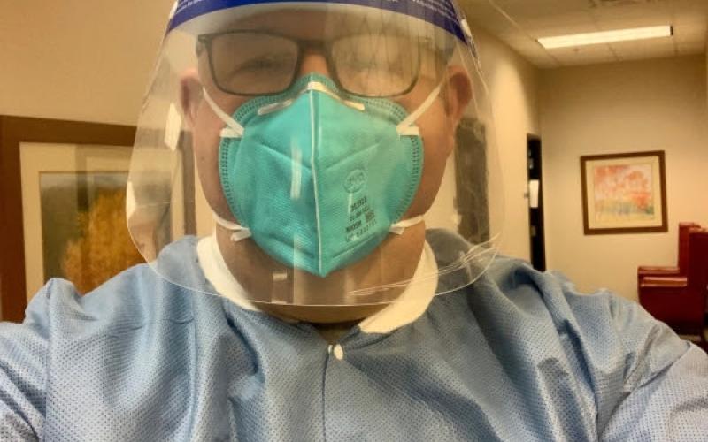 Brad Holland, MD, sports new PPE from the Texas Medical Association.