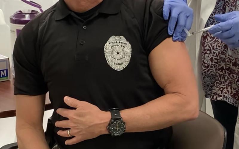 Detective Michael Hebert with the Port Arthur Police Department was one of the first responders receiving the first of two injections of the COVID-19 vaccine on Jan. 7.