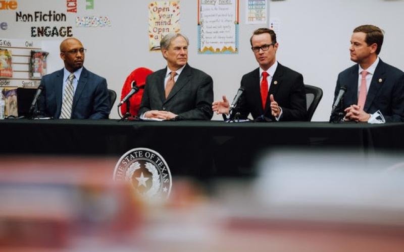 Governor Greg Abbott was joined by school and state leaders, including Texas House Speaker Dade Phelan, during a press conference at Hamshire-Fannett Elementary School on March 29 to discuss broadband access in rural areas.