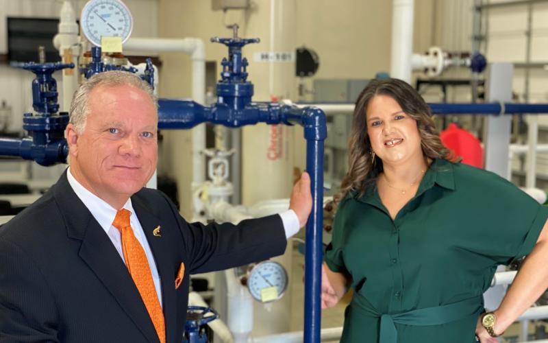 Cutline: LSCO President Dr. Tom Johnson and LSCO Director of Community and Workforce Education Thera Celestine in LSCO’s Industrial Technology Building