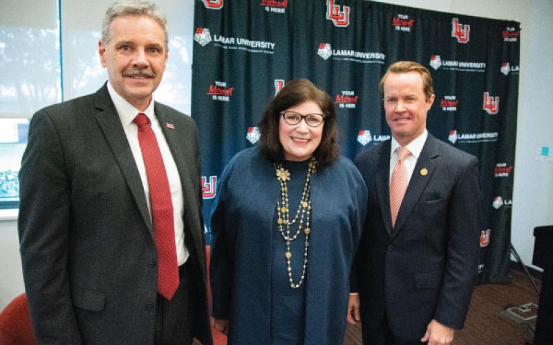 Lamar University President Jaime Taylor, AT&amp;T Texas President Leslie Ward and Speaker of the Texas House of Representatives Dade Phelan (LU photo)