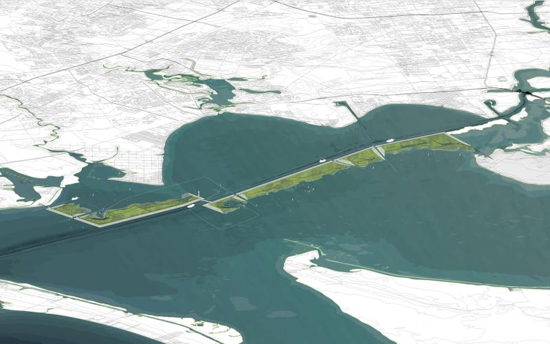An artist's illustration of Galveston Bay Park, a chain of islands that would serve double duty as a hurricane barrier and a 10,000-acre state park. (Image courtesy of Rogers Partners)