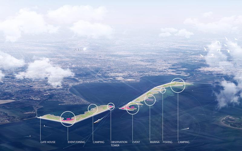 An artist's illustration highlighting the recreational features of Galveston Bay Park. (Image courtesy of Rogers Partners)
