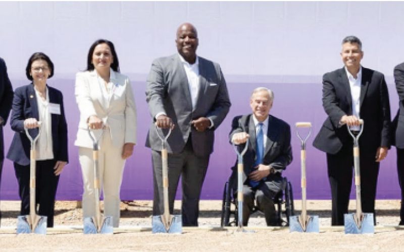 Pictured left to right: Public Utility Commission of Texas Commissioner Jimmy Glotfelty, PUCT Chairman Peter Lake, PUCT Commissioners: Kathleen Jackson and Lori Cobbs, Utility Operations President for Entergy Corp. Rod West, Gov. Greg Abbott, Entergy Texas President and CEO Eliecer Viamontes, Entergy Corp. President and CEO Drew Marsh, Executive Vice President and Chief Operating Officer for Entergy Pete Norgeot