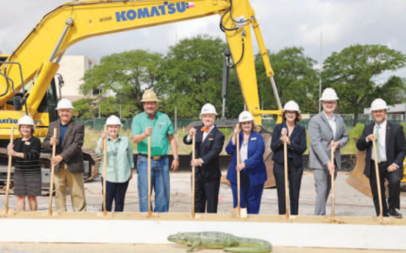 At the groundbreaking, left to right: Mary Wickland (LSCO), John Gothia (Orange County Judge), Gisela Houseman (LSCO Foundation), John Mixon (Durotech), Dr. Tom Johnson (LSCO), Dr. Wendy Elmore (LSCO), Jennifer Harris (State Senator Robert Nichols’s Office), Cole Michalk (Speaker Dade Phelan’s Office) and Stephen Lee (TSUS Regent)