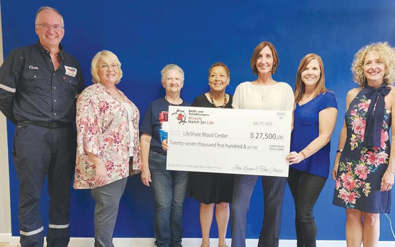 LifeShare Blood Center accepts a donation from BASF and TotalEnergies Miracle Match for Life. Pictured left to right are eShare Blood Center accepts a donation from BASF and TotalEnergies Miracle Match for Life. Pictured left to right are TotalEnergies Maintenance Manager Chris Kock, Tiffany Ybarra, Patsy Mahfouz, Annette Harom, Brooke Hulett, Alison Smith, and otalEnergies Maintenance Manager Chris Kock, Tiffany Ybarra, Patsy Mahfouz, Annette Harom, Brooke Hulett, Alison Smith, and BASF Media R BASF Media