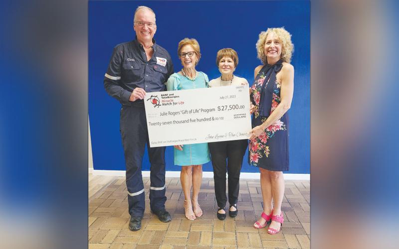 Chris Kock (left) and Shelly Vitanza (right) present a $27,500 donation to Norma Sampson and hris Kock (left) and Shelly Vitanza (right) present a $27,500 donation to Norma Sampson and Regina Rogers on behalf of BASF and TotalEngergies. egina Rogers on behalf of BASF and TotalEngergies.
