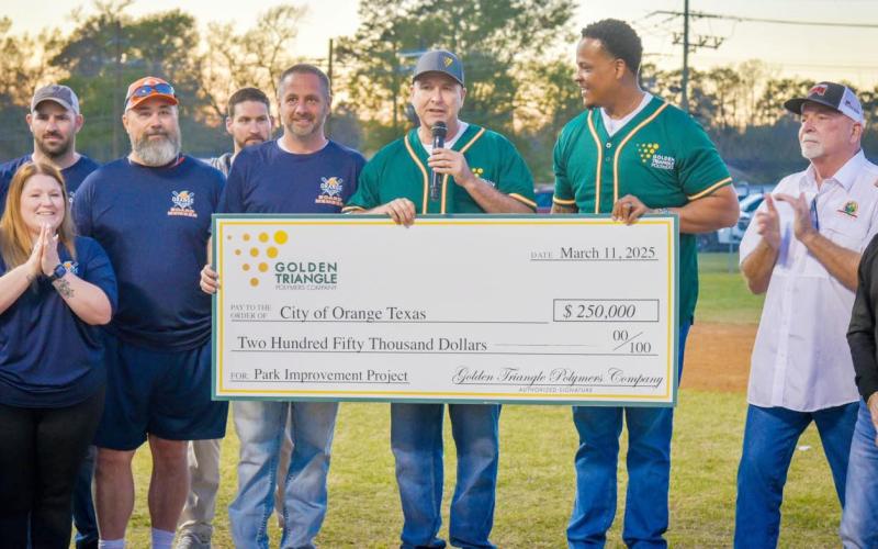 City and Orange Youth Baseball &amp; Softball officials recieve $250,000 check from Golden Triangle Polymers. Courtesy Photo