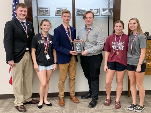 Silsbee High School Policy (CX) Debate Team: Trey Bourgeois, Kaylee Bourgeois, Matthew Eyre, Milo Morgan, Emma Scott-Wellman, and Lauren Scott-Wellman.