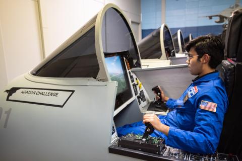 Prathmesh Bhatt simulates flying an F-15.
