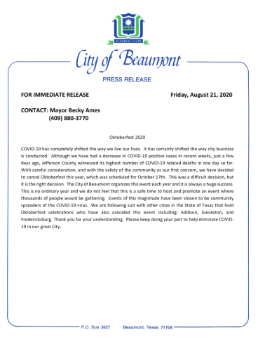 City cancels Oktoberfest due to COVID-19 concerns.