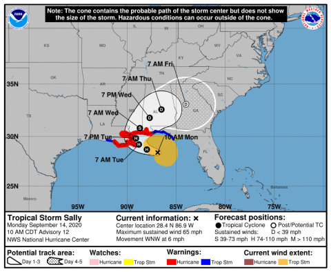Cone image predicting Tropical Storm Sally's path. (Image from NOAA/NWS at 10 a.m. on Sept. 14)