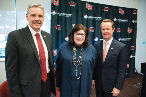 Lamar University President Jaime Taylor, AT&T Texas President Leslie Ward and Speaker of the Texas House of Representatives Dade Phelan (LU photo)