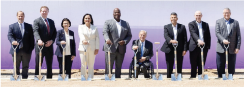 Pictured left to right: Public Utility Commission of Texas Commissioner Jimmy Glotfelty, PUCT Chairman Peter Lake, PUCT Commissioners: Kathleen Jackson and Lori Cobbs, Utility Operations President for Entergy Corp. Rod West, Gov. Greg Abbott, Entergy Texas President and CEO Eliecer Viamontes, Entergy Corp. President and CEO Drew Marsh, Executive Vice President and Chief Operating Officer for Entergy Pete Norgeot