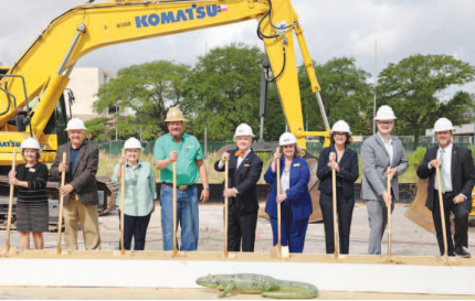 At the groundbreaking, left to right: Mary Wickland (LSCO), John Gothia (Orange County Judge), Gisela Houseman (LSCO Foundation), John Mixon (Durotech), Dr. Tom Johnson (LSCO), Dr. Wendy Elmore (LSCO), Jennifer Harris (State Senator Robert Nichols’s Office), Cole Michalk (Speaker Dade Phelan’s Office) and Stephen Lee (TSUS Regent)