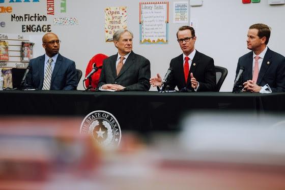 Governor Greg Abbott was joined by school and state leaders, including Texas House Speaker Dade Phelan, during a press conference at Hamshire-Fannett Elementary School on March 29 to discuss broadband access in rural areas.