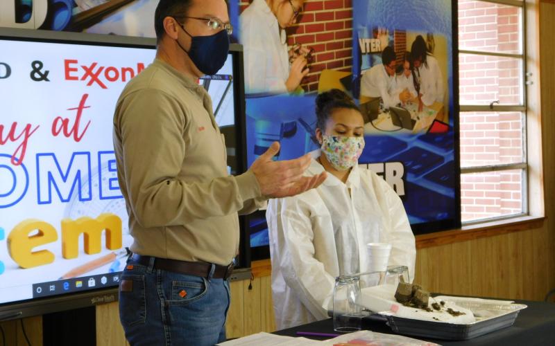 Ross Garner, Process Manager at ExxonMobil’s Chemical Plant, and BISD K-8 Career Readiness Specialist Shamine Cormier cohost an experiment Feb. 4 as it is livestreamed on ExxonMobil Beaumont's Facebook page.