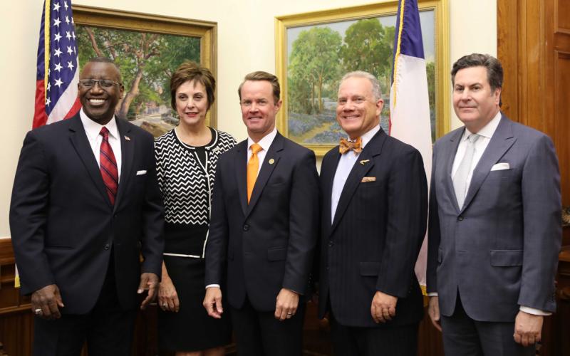 Pictured in photo (L-R): Dr. Lonnie Howard (President, Lamar Institute of Technology), Dr. Betty Reynard (President, Lamar State College Port Arthur), Rep. Dade Phelan (Speaker, Texas House of Representatives), Dr. Tom Johnson (President, Lamar State College Orange), Dr. Brian McCall (Chancellor, Texas State University System)
