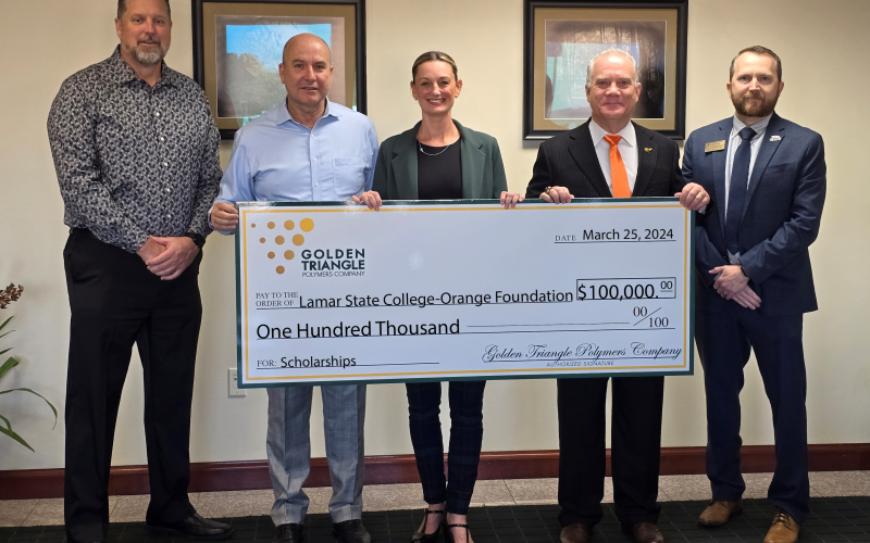 Left to right, Shane Johns, Lamar State College-Orange Foundation Treasurer; Chad Jennings, Golden Triangle Polymers Plant Manager; Heather Betancourth, Golden Triangle Polymers Community Relations; Dr. Thomas Johnson, Lamar State College-Orange President; and Brian Hull, Lamar State College-Orange Dean of Students.