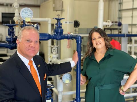 Cutline: LSCO President Dr. Tom Johnson and LSCO Director of Community and Workforce Education Thera Celestine in LSCO’s Industrial Technology Building