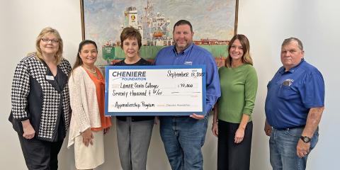 Pictured, from left, are Sheila Guillot, LSCPA Chair of Business and Industrial Technology; Dr. Melissa Armentor, LSCPA Dean of Academic and Technical Programs; Dr. Betty Reynard, LSCPA President; Chad Dearien and Amy Miller of Cheniere; and George Bohn, LSCPA Program Coordinator of Instrumentation and Process Technology.
