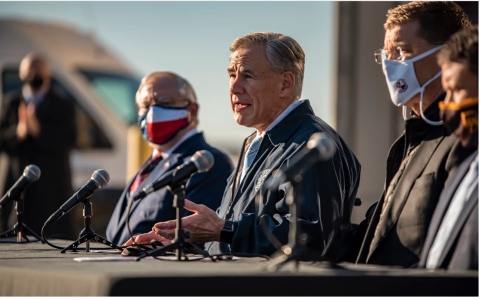 Gov. Greg Abbott speaks at a press conference in Austin on Dec. 17, 2020, regarding COVID-19 and the Pfizer vaccines that have been sent to hospitals across Texas. Credit: Sergio Flores for The Texas Tribune