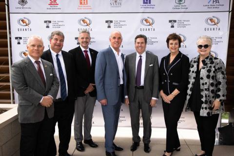 Quanta Services President and CEO Duke Austin alongside TSUS Chancellor Brian McCall, and the presidents of five of the seven TSUS member institutions.
