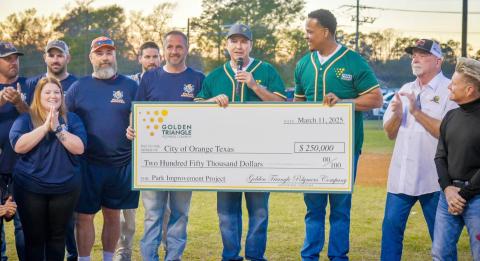 City and Orange Youth Baseball & Softball officials recieve $250,000 check from Golden Triangle Polymers. Courtesy Photo