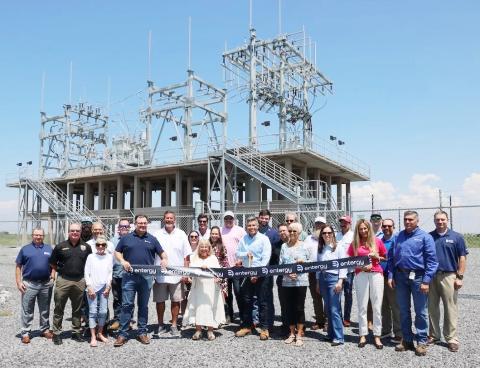 Entergy Texas leadership, employees, and community partners cut the ribbon at the new Port Bolivar substation, marking the completion of the Bolivar Peninsula Reliability Project.