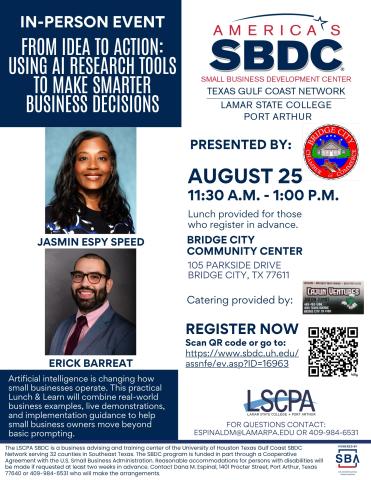 Trainers: Jasmin Espy Speed, Director, Prairie View A&amp;M University Small Business Development Center; and Erick Barreat, Founder &amp; CEO, EB DevTech LLC